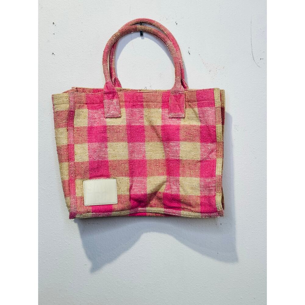 SANDRO Women's Beige Pink Rose Gingham Checkered Tote Bag - Picture 4 of 16